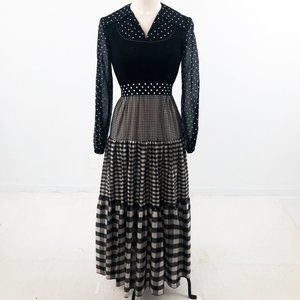 Vintage 70s S Prairie Check Print Maxi Dress Black
